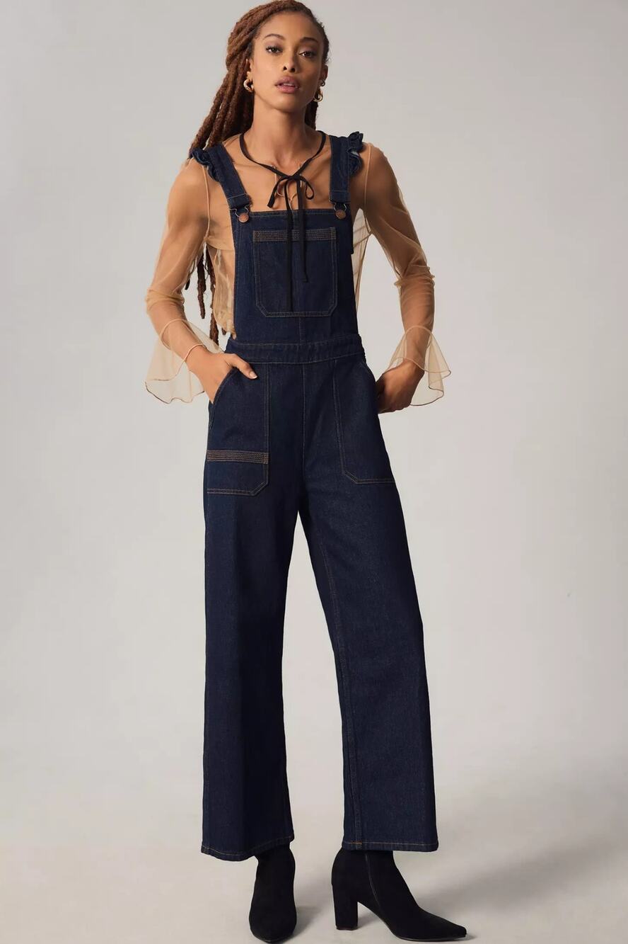 Anthropologie Seventy + Mochi Elodie Ruffle strap denim overalls size 8